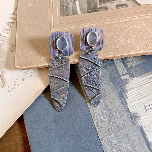 Highly Textured Artisan Made Sterling Silver Pierced Ear drop Earrings - Picture 5 of 10